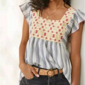 Anthropologie Forever That Girl Basel Embroidered Stripe Blouse Blue Size 6